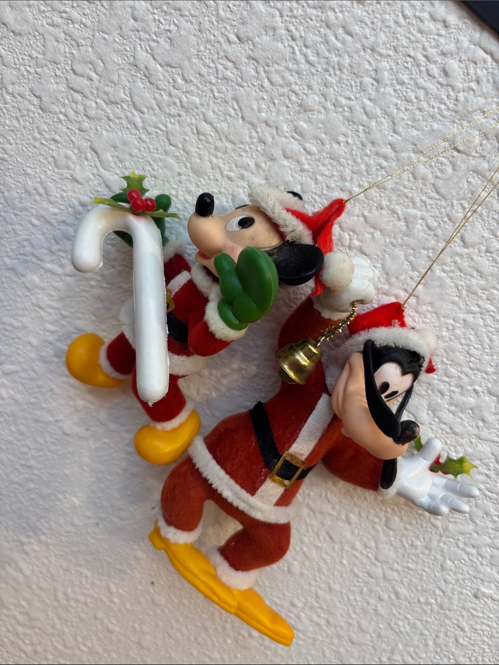 Vintage Disney Mickey & Goofy Holiday Flocked Ornaments.
